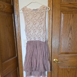 Lace Bodice Midi Dress with Crinkled Skirt - Blush Taupe